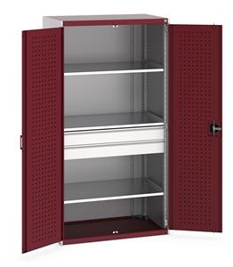 40021169.** Bott Cubio kitted cupboards come with drawers and shelve, overall dimensions of 1050mm wide x 650mm deep x 2000mm high. The cupboards have reinforced lockable steel doors with zinc plated locking bars and cam providing secure 3 point locking. ...